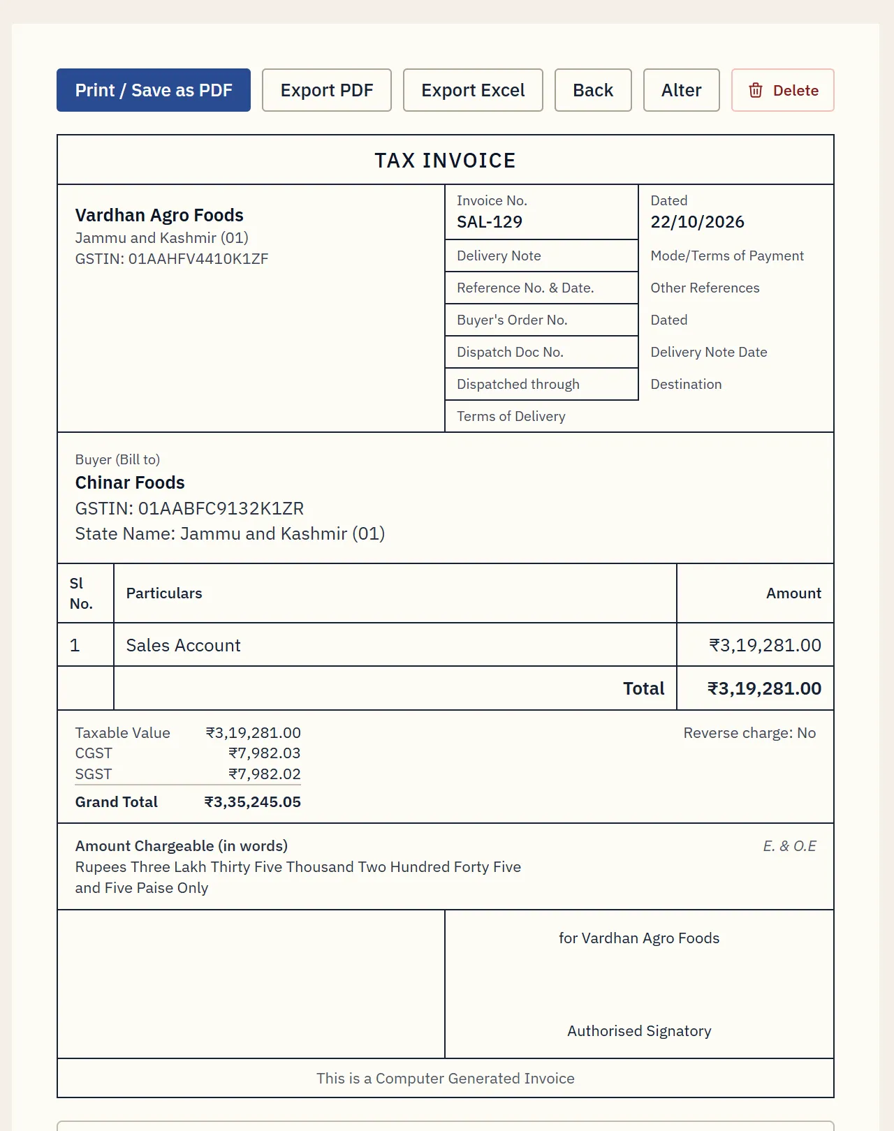 A GST tax invoice with taxable value, CGST, SGST and the amount in words.
