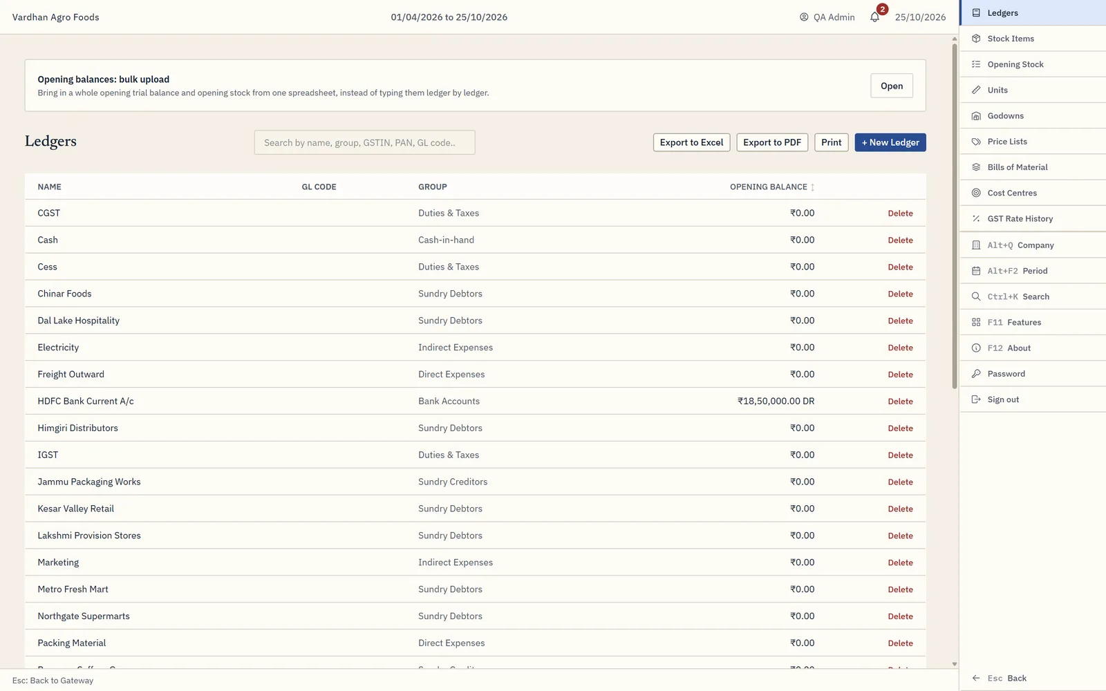 Masters – the chart of accounts and stock records.